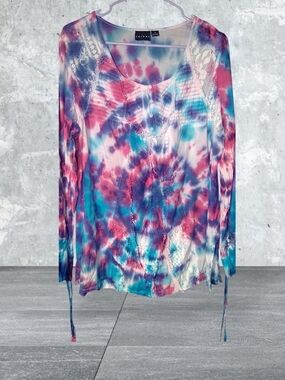 Tribal Pink Blue Purple Tie-Dye Long Sleeve Scoop Neck Top
